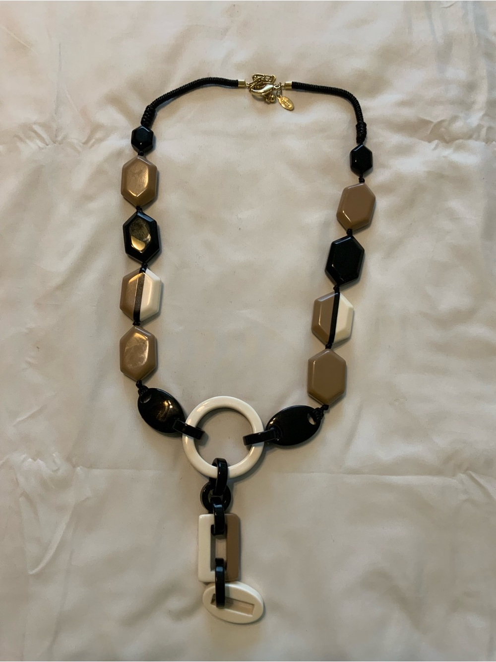 Chicos Geometric Statement Necklace w/ Chunky Beads in Black, Taupe & White